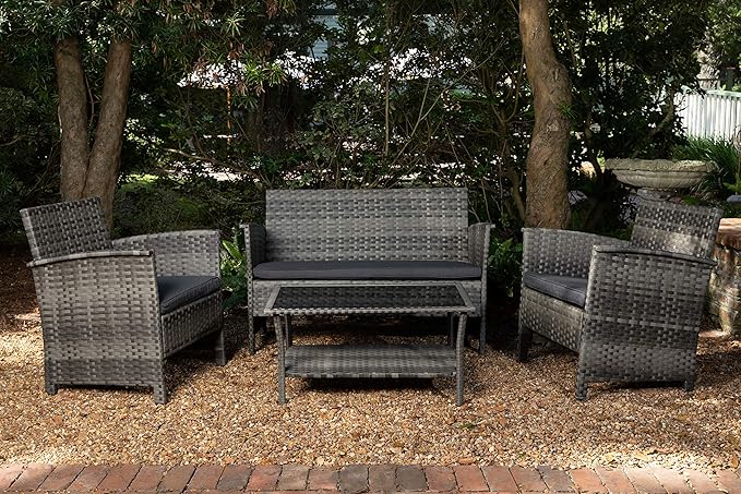 Balkene Home 63177 Patio Sense Jareth All Wicker Wicker Conversation Sofa, Two Armchairs & Table Cushions Included for Outdoor Patio Lawn Porch Outdoor - Storm Gray Finish - Set of 4 Pieces