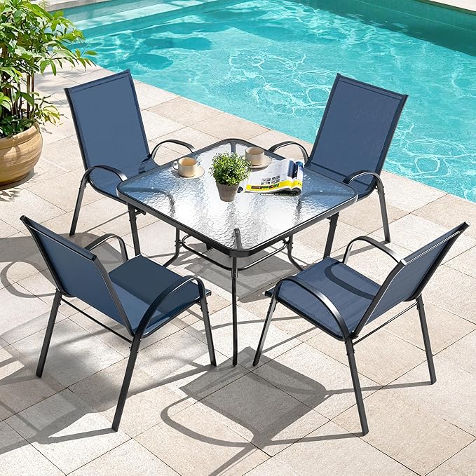 NUU GARDEN 5 Piece Patio Dining Set, Metal Outdoor Table with 31.5" Square Table and Umbrella Hole, 4 Stackable Chairs, Patio Furniture for Lawn Balcony Garden, Blue and Black