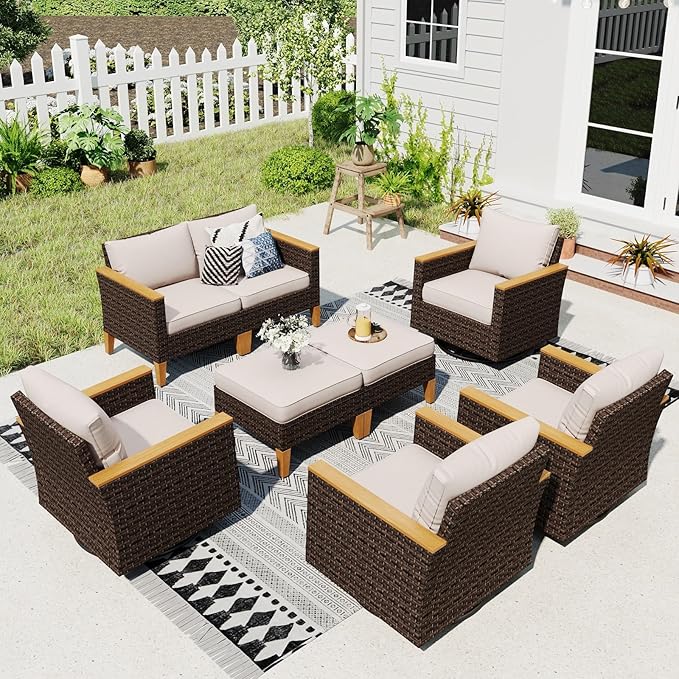 Sophia & William Patio Furniture Set with Swivel Chairs, 8 Piece Outdoor Sectional Furniture Wicker Modular Sofa Couch, Conversation Set for Deck Backyard Lawn, Beige