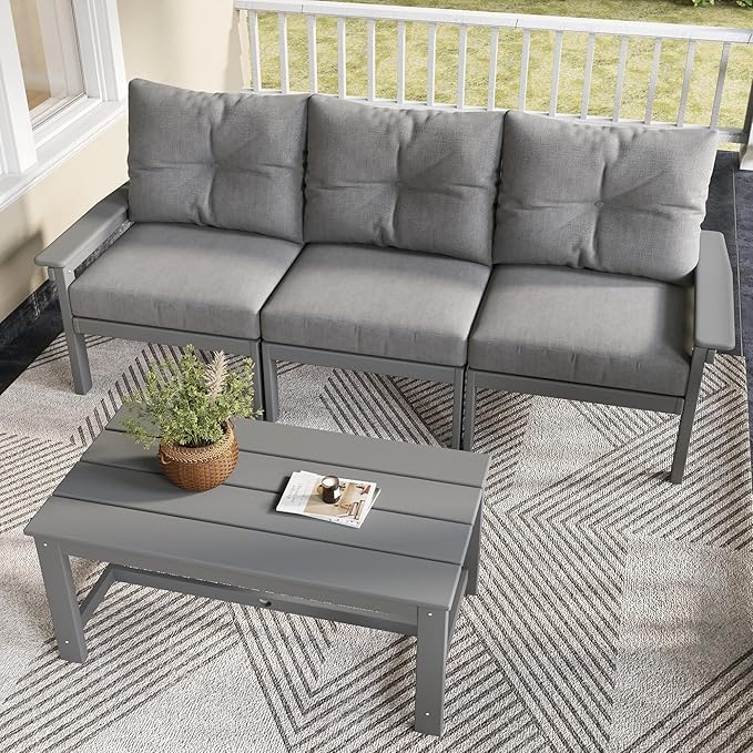 Grey HDPE Patio Sofa Set, 4-Piece Sectional Outdoor Patio Furniture Set, All Weather Outdoor Couch Set with Coffee Table & Washable Thick Cushions for Balcony, Porch, Poolside