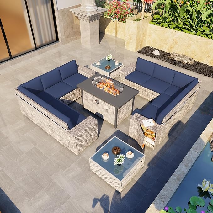 13-Piece Patio Furniture Set, Outdoor Patio Conversation Set with 60,000 BTU Fire Pit Table, PE Rattan Wicker Sectional Sofa with Large Capacity Seats, Widened Armrests, Extra High Backrest, Navy Blue