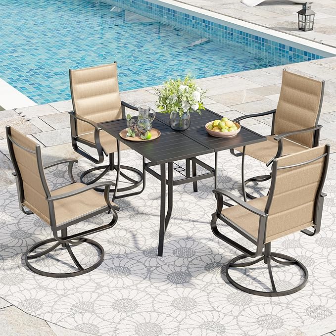 UDPATIO 5 Piece Outdoor Patio Table and Chairs Set, Patio Table with Chairs, 37" Square Table with Umbrella Hole, Outdoor Swivel Rocker Dining Chairs, Patio Outdoor Dining Set for Lawn, Deck, Yard