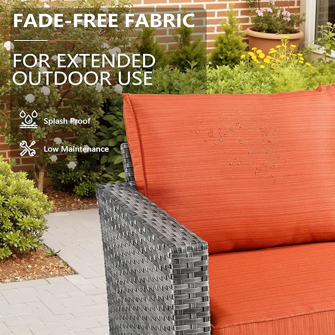 Patio Furniture, All Weather Wicker 6 PCS Outdoor Sofa with High Back Swivel Rocker Chairs, Conversation Set with Solar Light Coffee Table,Light Rattan Red Cushion