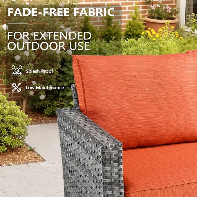 CAODOC 8-Piece Outdoor Wicker Patio Set with 9 Seats, Including 53" Fire Pit - Sectional Sofa and Conversation Set for Backyard or Lawn, Gray Rattan with Waterproof Red Cushions