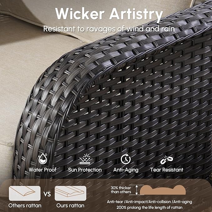 7 PCS Patio Outdoor Furniture Set with Swivel Rocking Chairs,All Weather Wicker Rattan Patio Seating Sofa and Chairs Set,Outdoor Conversaiton Sets for Deck Yard Prrch Garden Poolside,Beige