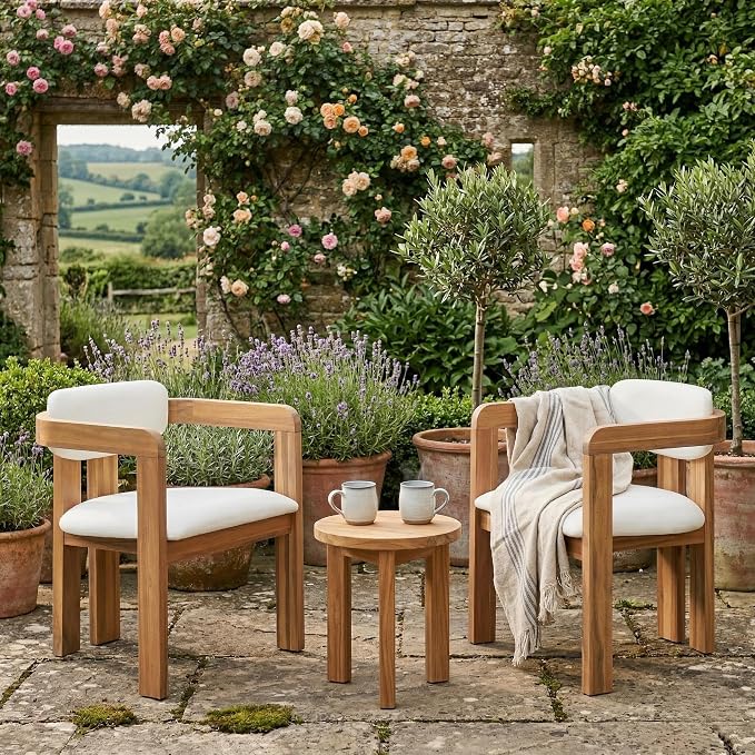 Merax Outdoor Acacia Wood Dining Chairs Set of 2, Modern Solid Wood Patio Chairs with Beige Cushions & Backrest, Outdoor Armchairs Seating Furntiure for Patio Garden Balcony Backyard