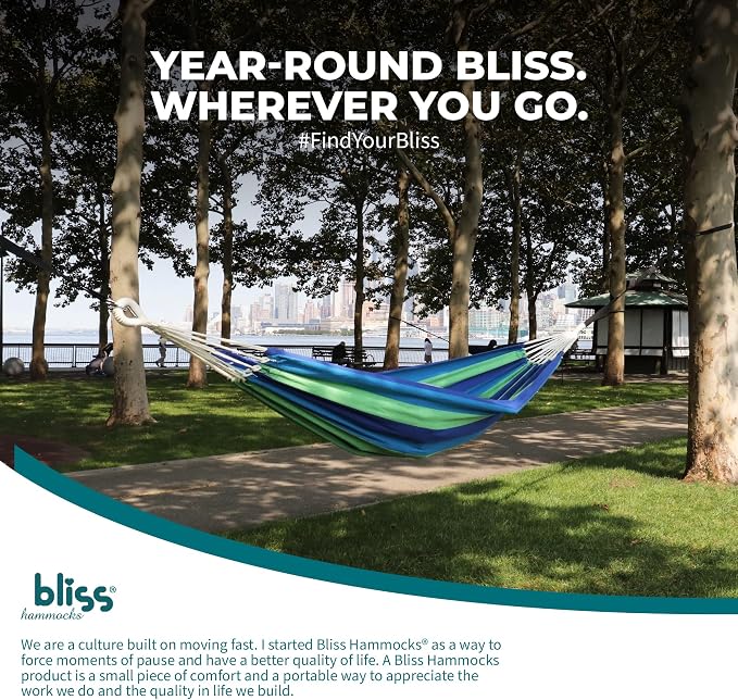 Bliss Hammocks 40" W Single Outdoor Hammock with Universal Multi-Loop Suspension with "S" Hooks, Durable, Cotton/Polyester, 220 Lbs Capacity, Seabreeze