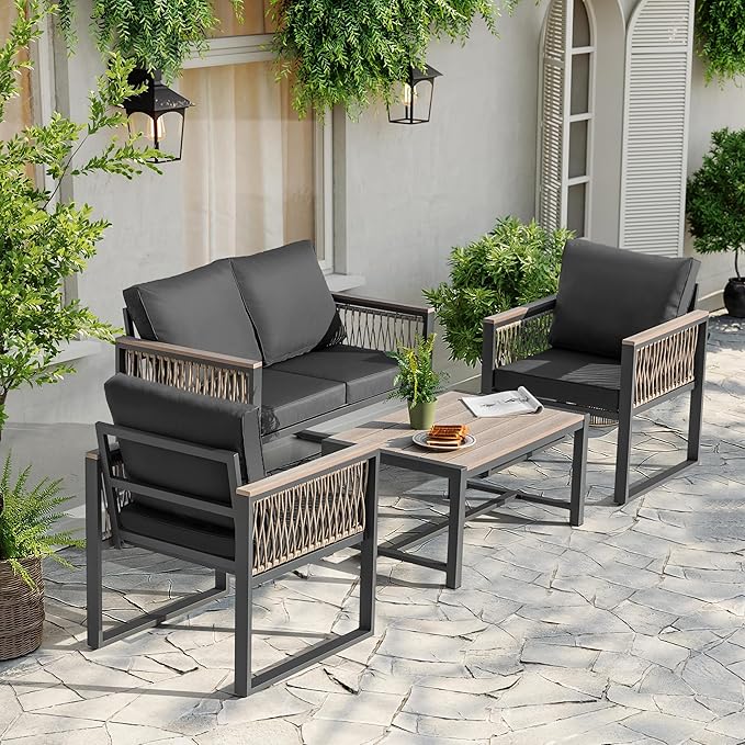 NUU GARDEN 4 Pieces Outdoor Patio Furniture Set, 4 Seats Outdoor Sectional with Coffee Table, Wicker Patio Conversation Sets with Armrests and Cushions Patio Set for Backyard, Garden and Poolside