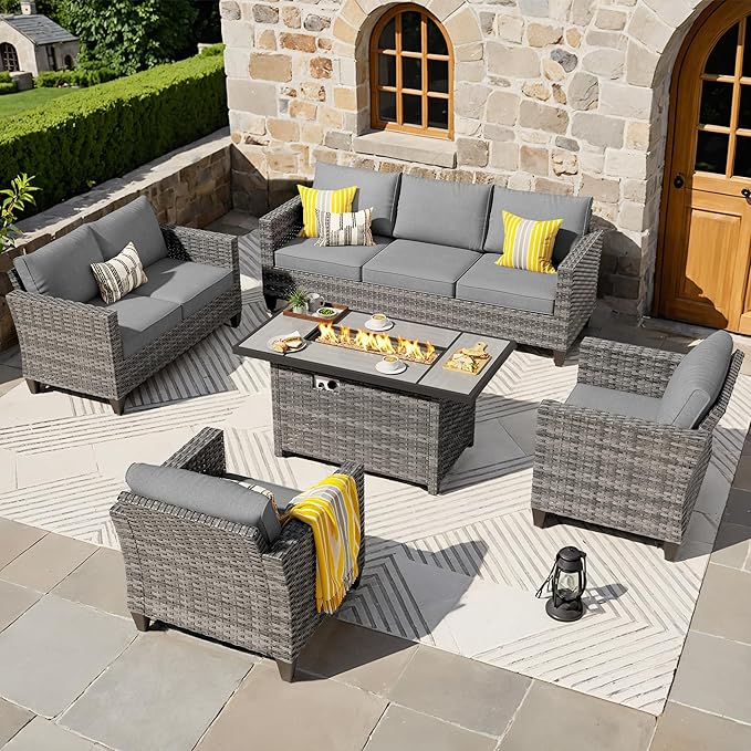 ovios 5 Pieces Patio Furniture Set, Outdoor Wicker Rattan Sofa Couch with 42" Fire Pit Table, Loveseat Chairs, Conversation Sets for Yard Porch Garden, Dark Grey