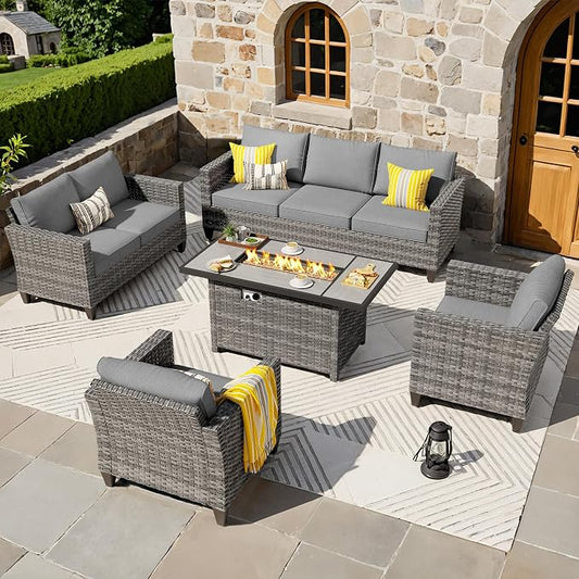 ovios 5 Pieces Patio Furniture Set, Outdoor Wicker Rattan Sofa Couch with 42" Fire Pit Table, Loveseat Chairs, Conversation Sets for Yard Porch Garden, Dark Grey