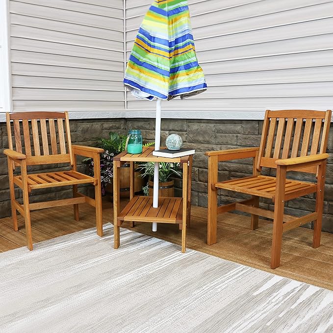 Sunnydaze Meranti Wood 3-Piece Outdoor Patio Conversation Set - 2 Chairs and 1 Table - Teak Oil Finish