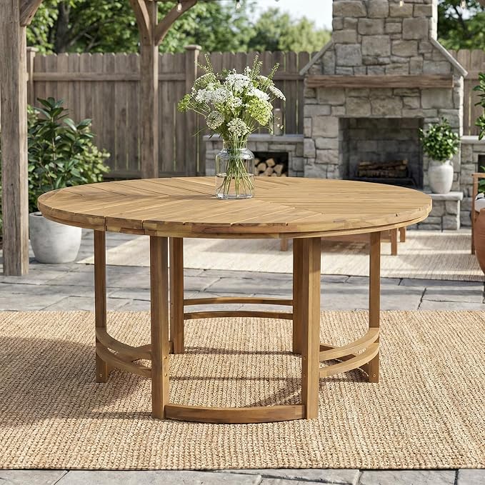 WILLIAMSPACE 59.1" Round Acacia Wood Outdoor Patio Table with Umbrella Hole, Light Teak