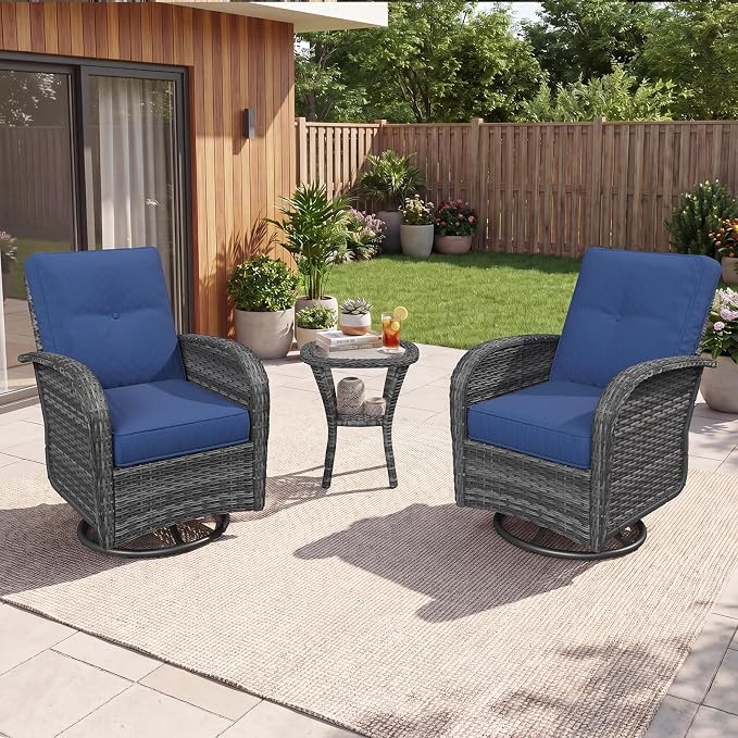 Aoxun 3 Piece Outdoor Patio Furniture Set with Side Table, Outdoor Patio Furniture Sets with High Back Swivel Rocker Chairs, Outdoor Sofa Set with Ottoman for Backyard & Garden, Navy Blue