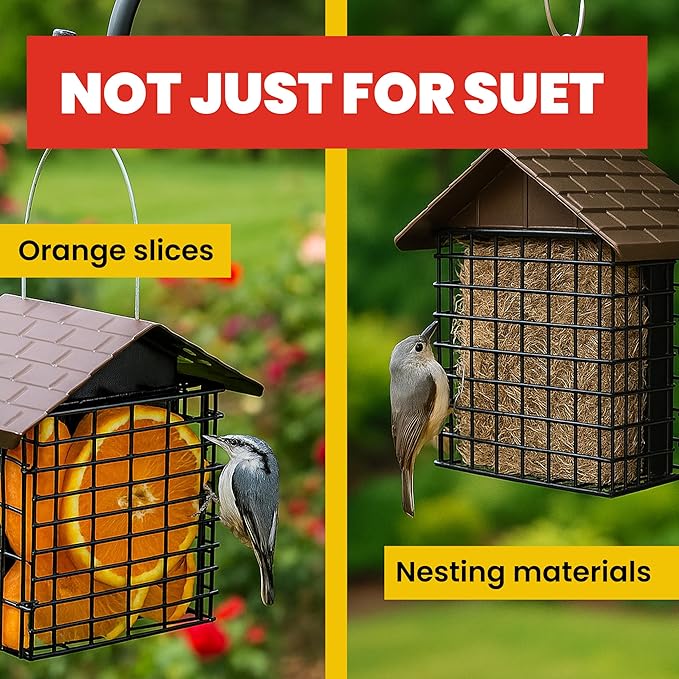More Birds Double Suet Cake Feeder with Weather Guard, Steel Construction, Powder-Coated Black Finish, 6.75in x 5in x 7in, Brown Feeder for Woodpeckers and Wild Birds, 38070