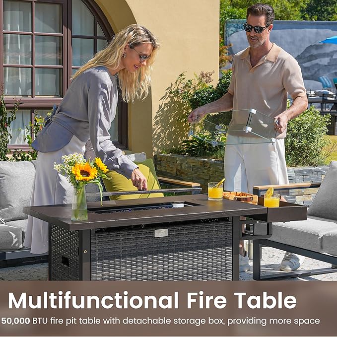 Sundale Outdoor Aluminum Patio Furniture Set, 4 Piece Outdoor Conversation Sets with Fire Pit and Washable Thick Cushions, All Weather Outdoor Sectional Set for Deck, Lawn, Yard (Grey)