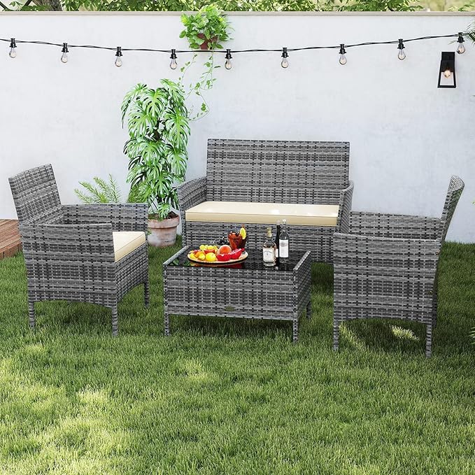 Tangkula 4 Pieces Patio Rattan Conversation Set, Outdoor Wicker Furniture Set with Cushioned Chair, Loveseat & Tempered Glass Table, Outside Sectional Sofa Set for Backyard (G-Beige,1)
