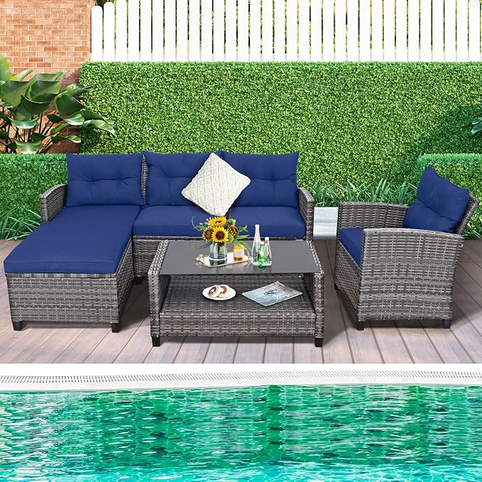 Tangkula 4 Pieces Rattan Conversation Set, Patiojoy Outdoor Furniture Set with Cushions, Lounge Sofa Set with Coffee Table, Patio Sectional Sofa Set for Patio Garden Poolside Backyard (Navy)