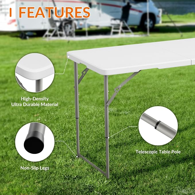 Elevon 4 Feet Heavy Duty Folding Table with Adjustable Height, Fold-in-Half Portable Table for Indoor Outdoor Use - Camping, Picnic, Party, Wedding, Dining, Utility Table