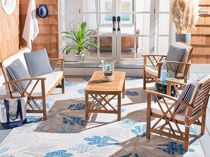 SAFAVIEH Outdoor Collection Fontana Natural/ Beige Cushions/ Thin Stripe Pillows 4-Piece Conversation Patio Set