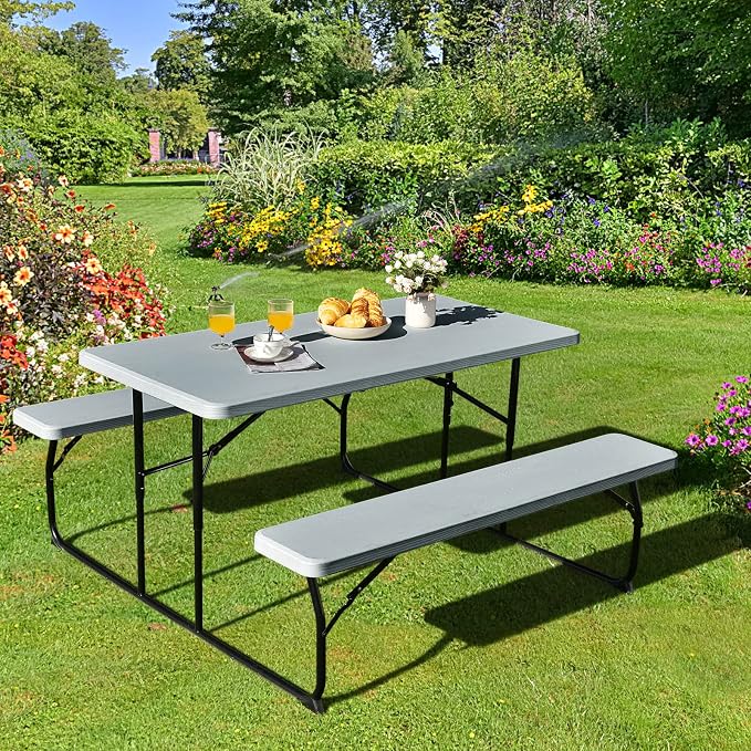 Giantex Folding Picnic Table Bench Set, Outdoor Dining Table Set, Large Camping Table for Patio Lawn Garden Poolside, Portable Picnic Tables, Weather Resistant Metal Frame (Folding Legs Design, Gray)