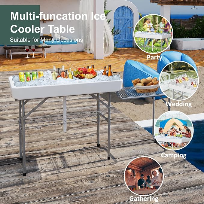 Folding Ice Cooler Table with Metal Side Desktop, Skirt &Drain Hose to Keep Drinks Cool, 4 Foot Portable Self-Serving Beverage Cooling Bar with Metal Shelf for Party, BBQ, Camping Picnic, White