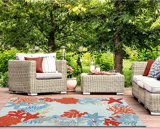 Liora Manne RAVELLA Indoor/Outdoor Hand Tufted Synthetic Blend Durable Area Rug - Contemporary Border Coastal Fish Decorative (Ocean Scene Aqua) (8'3" x 11'6")