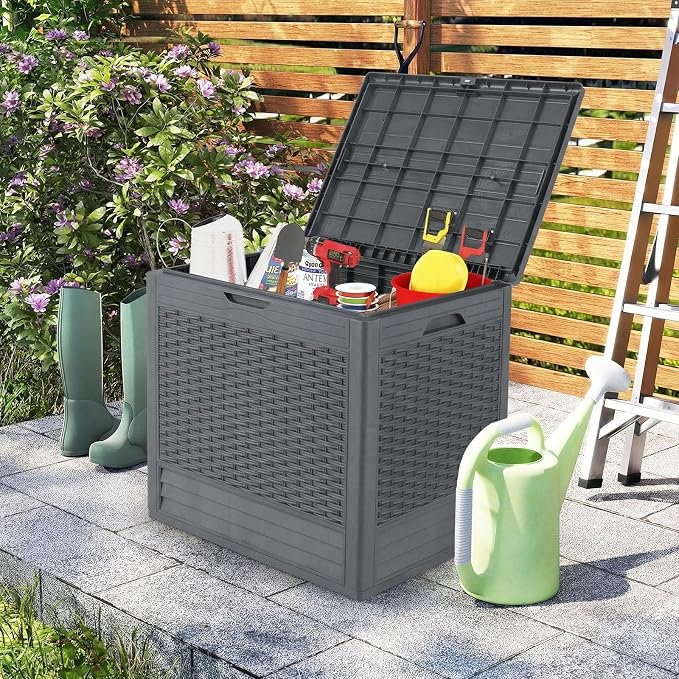 Giantex 25 Gallon Outdoor Storage Box, PP Deck Container with Rattan Patterns & Lockable Lid, All-Weather Patio Plastic Storage Bin for Package Delivery, Garden Tools, Patio Cushions (Grey)