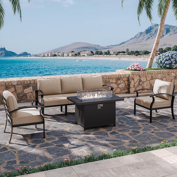 Kurapika Aluminum Patio Furniture Set 5-Seat Modern Metal Outdoor Conversation Sets w/45in Propane Fire Pit Table, w/5.1 Inch Cushion Patio Sectional Sofa w/5.1 inch Cushion, Sand