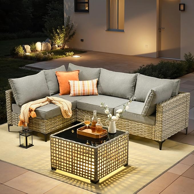 5 Pieces Patio Furniture Set with Solar Light Coffee Table, All-Weather Rattan Outdoor Sectional Conversation Sets L Shaped Sofas for Outside Porch Balcony Backyard Dark Grey
