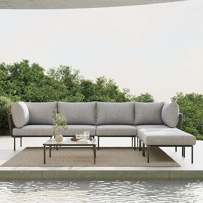 7 Piece Modern Outdoor Rope Wicker Sectional Patio L-Shaped Conversation Sofa Set Deep Seating with Thick Cushions