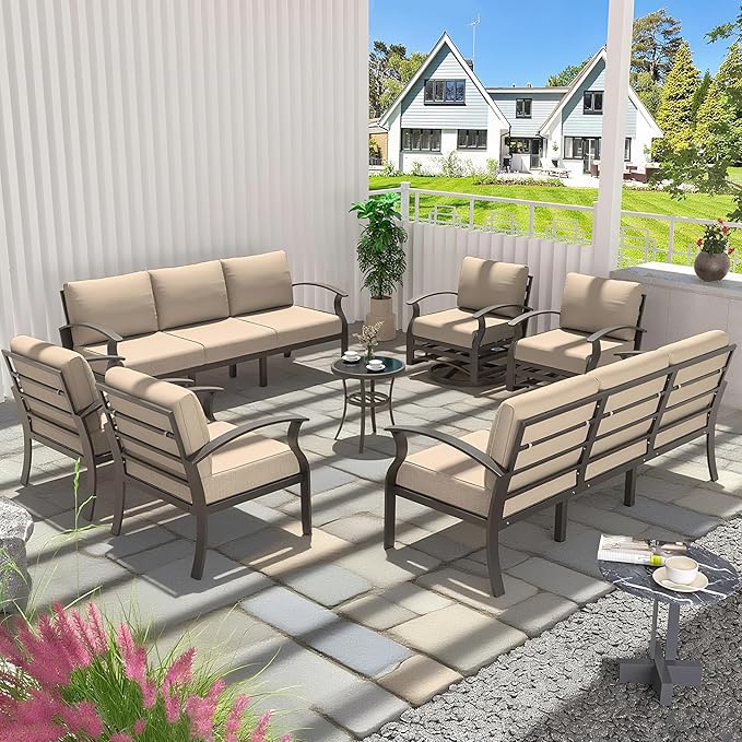 Aluminum Patio Furniture Set Patio Conversation Set,10 Seats Metal Modern Outdoor Furniture w/5.1" Cushions,Patio Sectional w/Swivel Chairs for Patio,Backyard,Sand