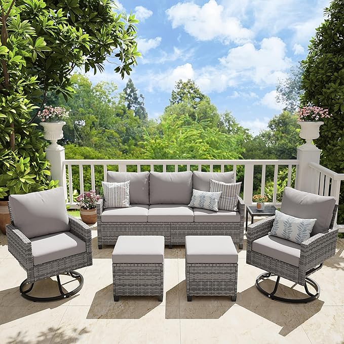 6 Piece Outdoor Furniture Set, Rattan Patio Furniture with 2 Swivel Chairs, 3-Seat Sofa, 2 Ottoman & Side Table, All-Weather Conversation Set for Porch Garden Lawn Balcony (Gray & Gray)