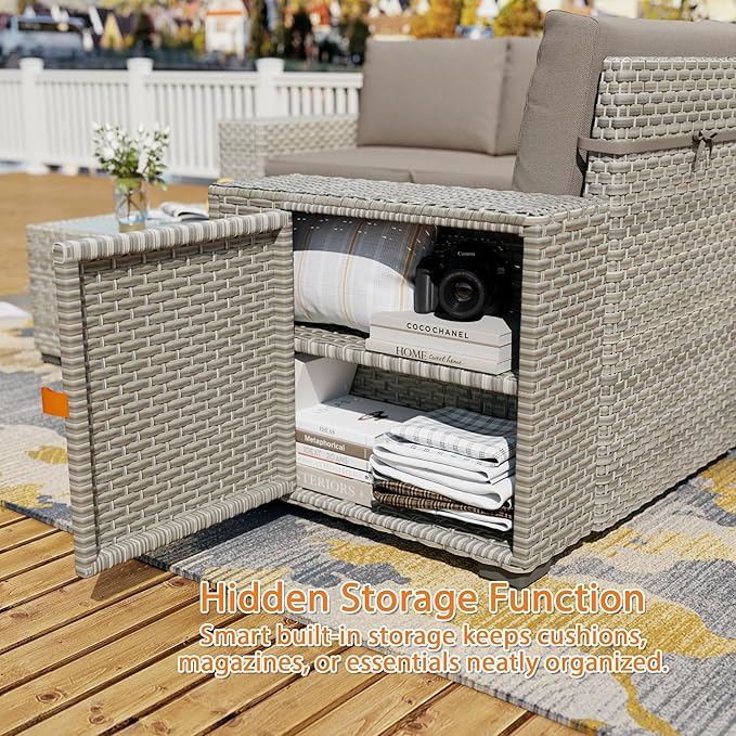 12 Piece Patio Furniture Set, 8" Wide Arm Sectional Sofa Set with Coffee Table, High-Back All-Weather Rattan Outdoor Conversation Set for Garden, Porch, Lawn, Khaki