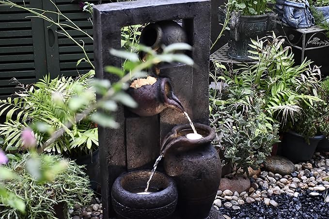 Outdoor Water Fountain,4-Tiered Standing Waterfall Decorative Outdoor Water Fountain with LED Light for Indoor Outdoor Home Yard Garden Lawn Decor