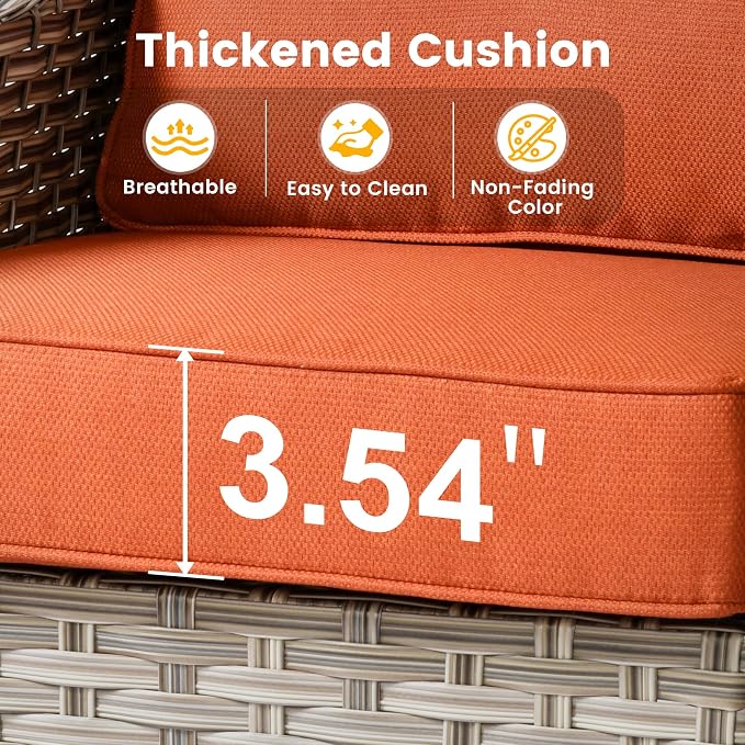 10 Pieces Patio Sectional Furniture Set, Outdoor Wicker Sectional Couch with High Back Swivel Rocker Chairs Solar Lights Table, Modern Conversation Set for Porch Balcony Backyard, Red