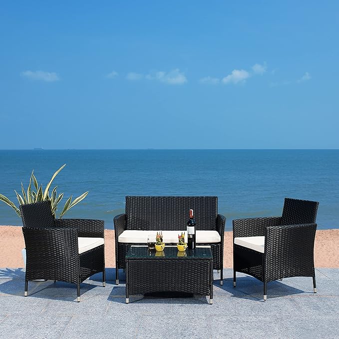 SAFAVIEH PAT7506A Collection Bandele Black and Beige 4-Piece Outdoor Living Patio Set