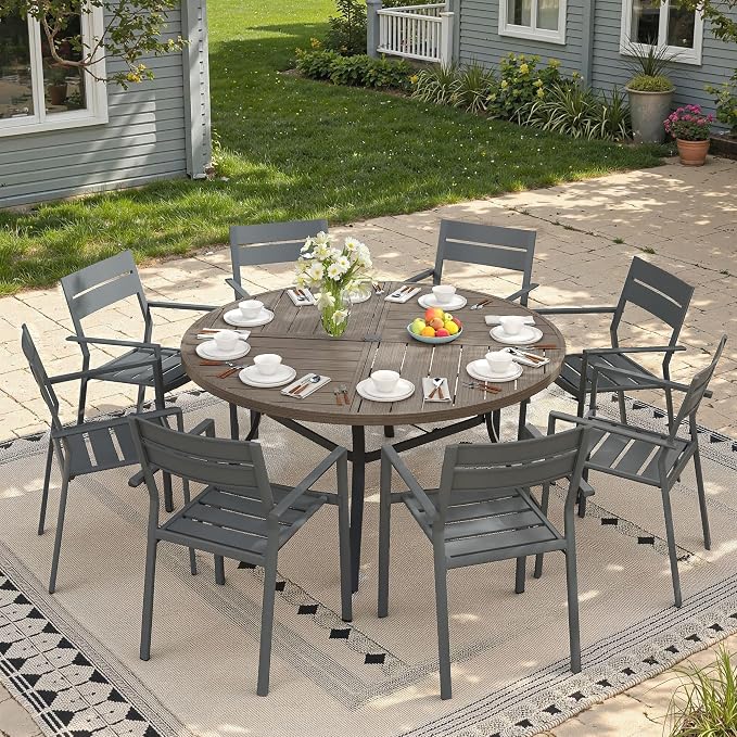 Patio Dining Set for 8, Round 53.1" Patio Dining Table and Stackable Outdoor Dining Chairs Outdoor Furniture for Backyard Porch Deck, Spliced Grey Table and Grey Chairs