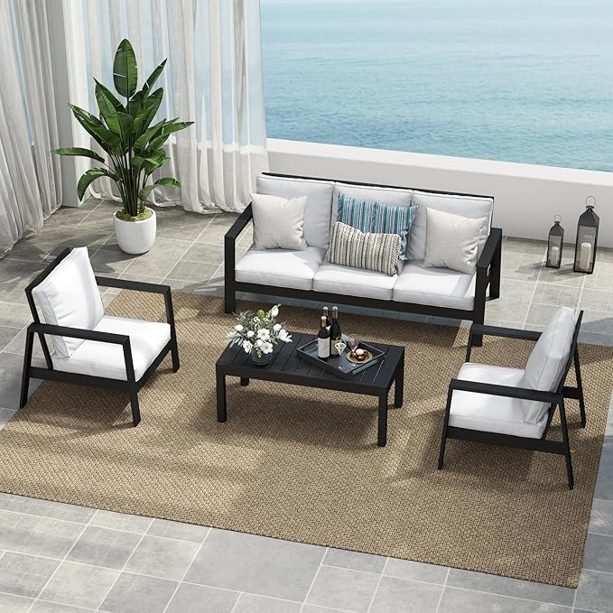 Solaste Aluminum Outdoor Patio Furniture Set, 5 Seats Water-Resistant Patio Conversation Set, Modern Metal Furniture Set with Coffee Table for Backyard Poolside Garden, Grey
