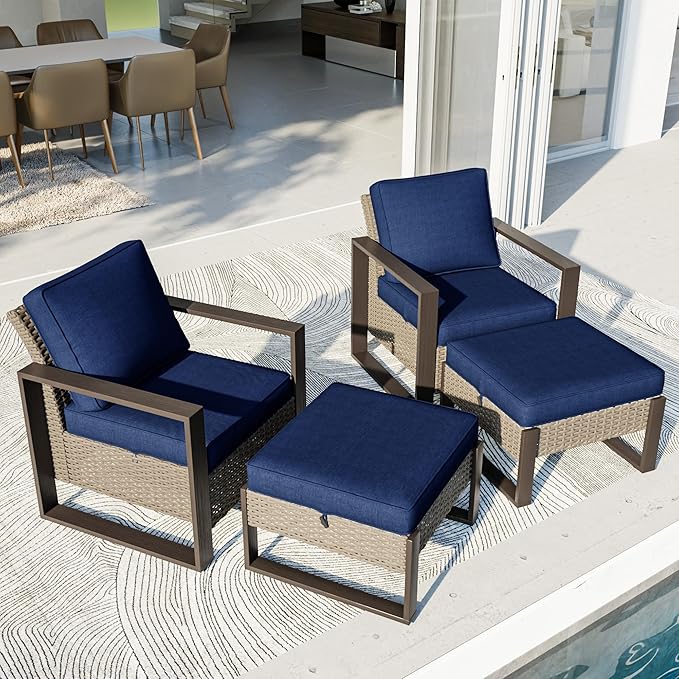 4 Piece Patio Furniture Set, Outdoor Wicker Chair and Ottoman, Metal Patio Furniture with Deep Seating, Thicken Cushions for Deck, Porch, Yard Use (Blue, 4 PCS/Chairs)