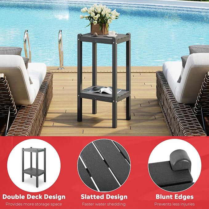 Costaelm Outdoor Side Table, 2-Tier Small Patio Coffee Tables for Outside, Outdoor End Tables for Patio, Adirondack Side Table for Outside, Outside Table for Pool, Porch, Garden, Black