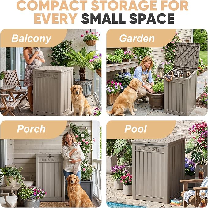 EasyUp 56 Gallon Deck Boxes Outdoor Waterproof, Resin Outside Storage Box for Patio Cushion Furniture Pool Accessories Garden Tools Indoor Outdoor Storage Bench (56 Gallon, Grey)