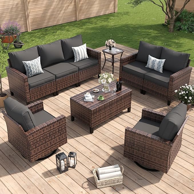 Amopatio Patio Furniture Set, 6-Piece Wicker Outdoor Sectional Sofa with Swivel Rocker Chairs, Rattan Conversation Set with Storage Coffee Table and Waterproof Cover for Backyard Brown/Grey