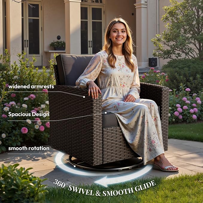 WWR Patio Furniture Set-30% Thicker Wicker-Luxury 5 Piece PatioWicker Outdoor Patio Conversation Set with Extra Wide & Thick Cushions, Swivel Rocking Chairs for Backyard, Porch & Deck