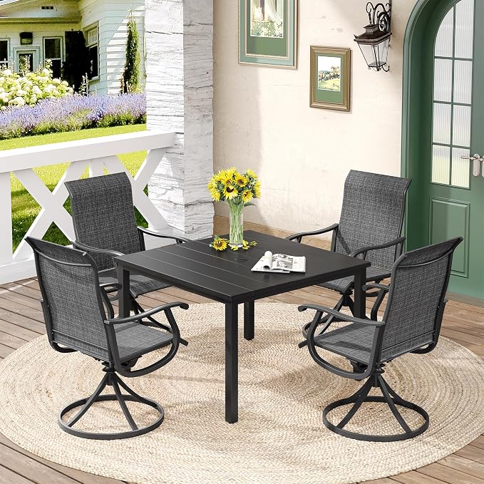 DIFY Patio Table and Chairs Set for 4, 5 Piece Outdoor Dining Set, 40.2" Black Square Metal Dining Table with Umbrella Hole and 4 Dark Grey Textilene Swivel Patio Chairs, for Garden Backyard Deck