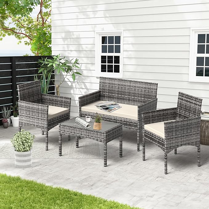 4 Pieces Patio Furniture Set, Outdoor Wicker Rattan Patio Conversation Furniture Set with Waterproof Cushion and Table for Lawn Poolside Backyard Garden Balcony Porch