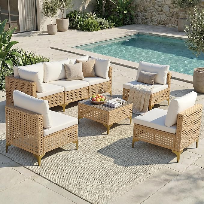 FHFO Patio Furniture Set, 7-Piece Wicker Patio Sectional Sofa Couch, Rattan Outdoor Conversation Set with Thick Cushion & Tempered Glass Coffee Table for Porch, Garden, Backyard (Yellow/Beige)