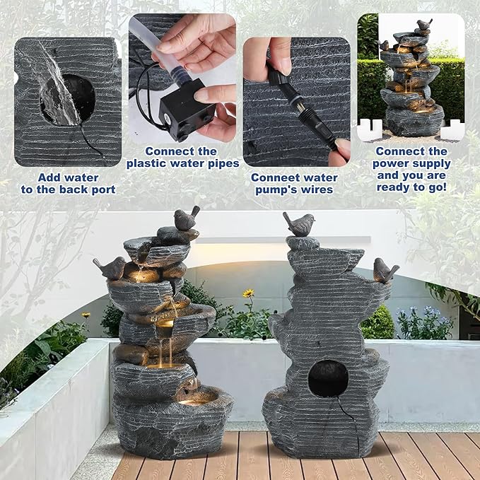 Outdoor Cascading Bird Water Fountain, 5-Tier Floor Natural Looking Rock Fountains with LED Pump Birds Decor, Freestanding Resin Fountain and Cascading Water Feature for Patio Garden, Grey