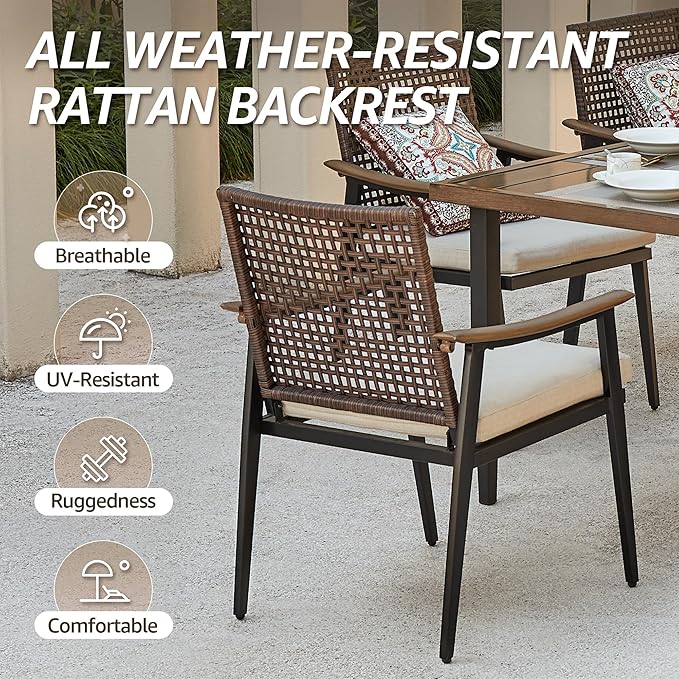 NATURAL EXPRESSIONS 7 Piece Patio Dining Set for 6,Rattan Wicker Swivel Patio Dining Chairs with Cushions,Aluminum Woodgrain Armrest, 65" Large Dining Table with Umbrella Hole for Yard, Garden,Pool