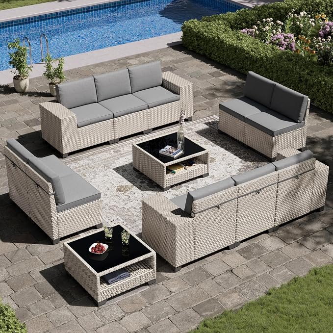12-Piece Outdoor Patio Furniture Set, Modular Sectional Sofa Set with Glass Coffee Table and Cushions, Wicker Outdoor Couch Conversation Sets, Gray