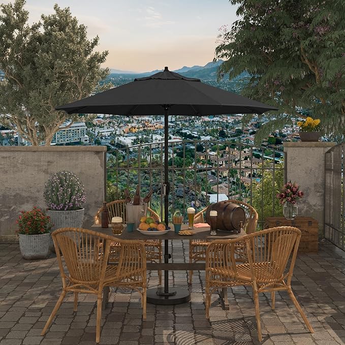 California Umbrella 7.5' Rd Aluminum Patio Umbrella, Crank Lift, Auto Tilt, Black Finish